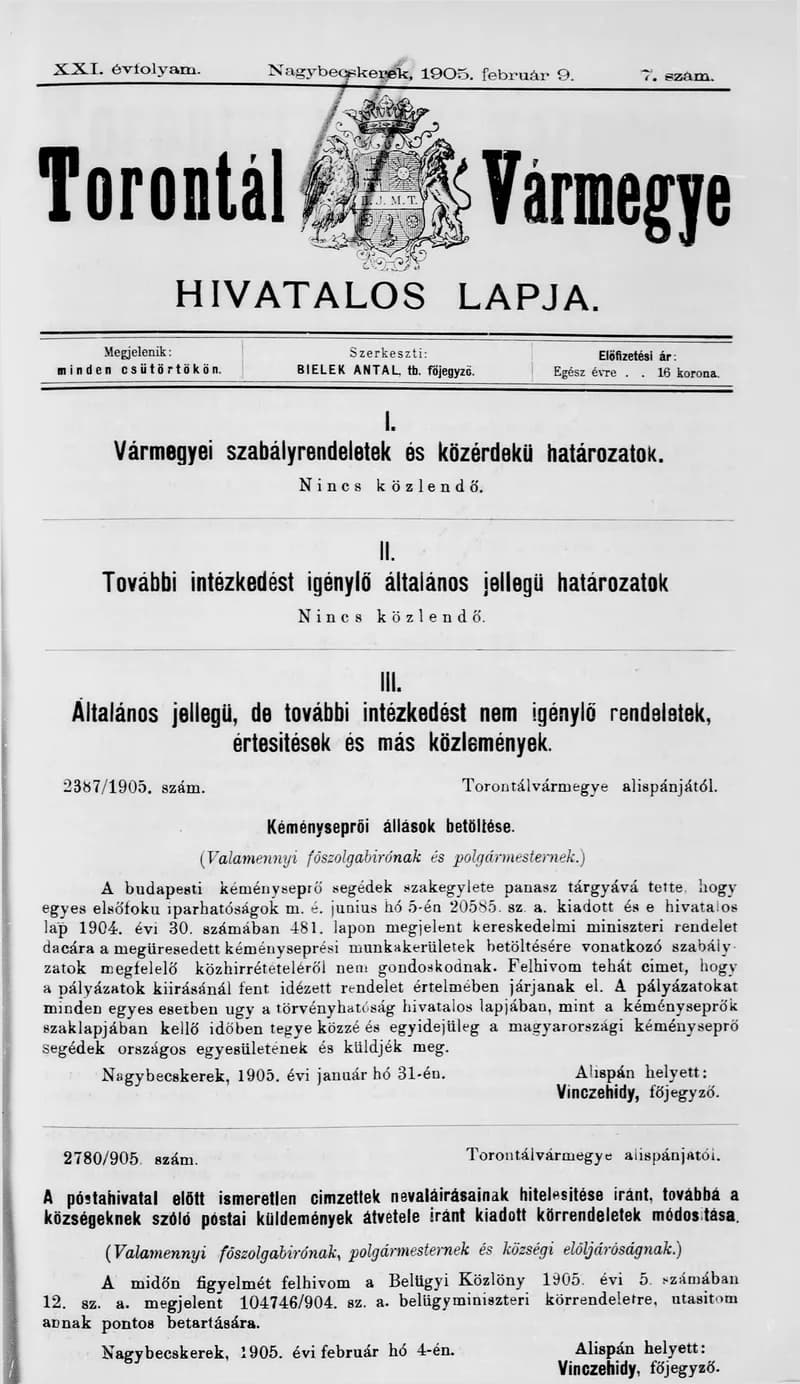 Torontál Vármegye Hivatalos Lapja, 21. évf. 1905. február 9. 7. sz.