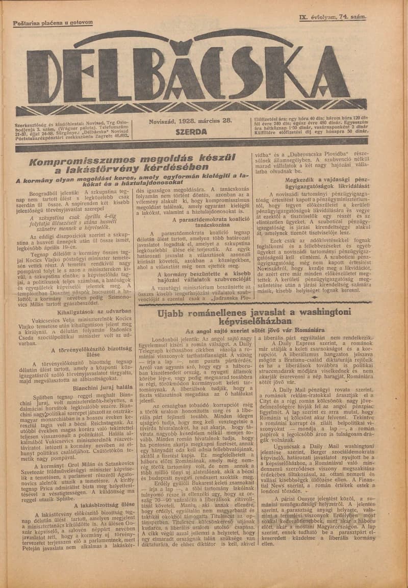Délbácska, 9. évf. 1928. március 28. 74. sz.