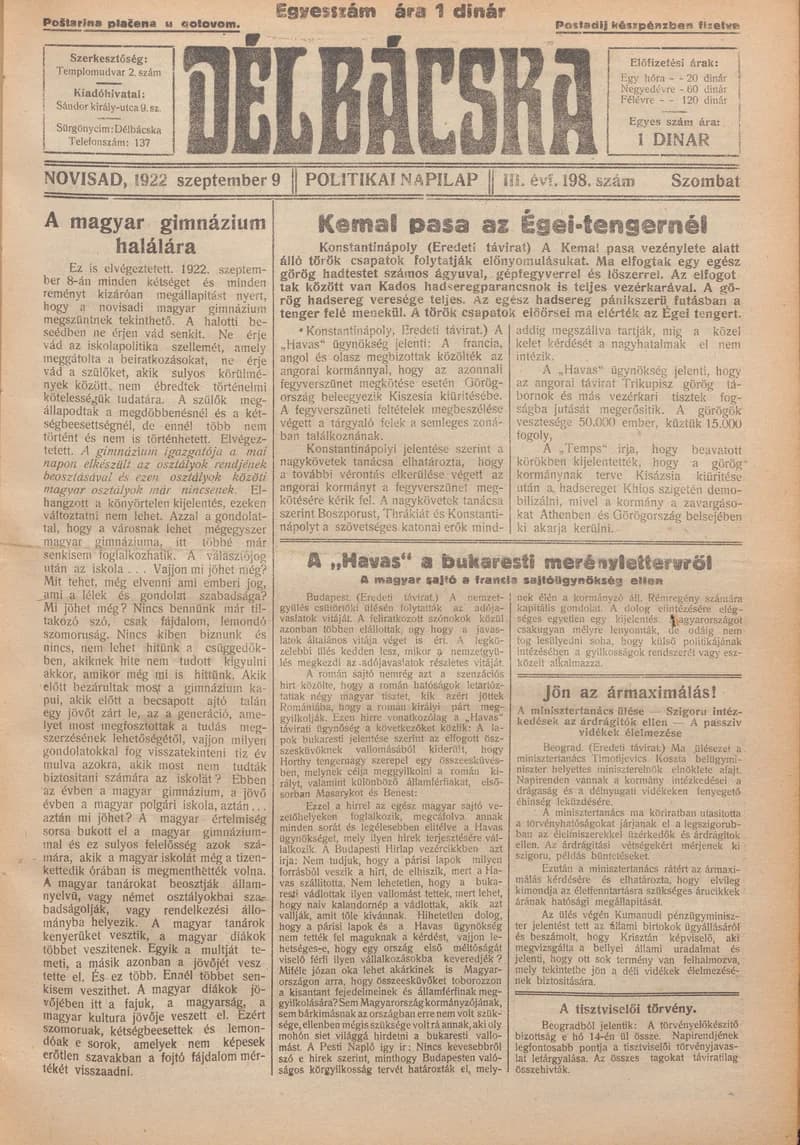 Délbácska, 3. évf. 1922. szeptember 9. 198. sz.