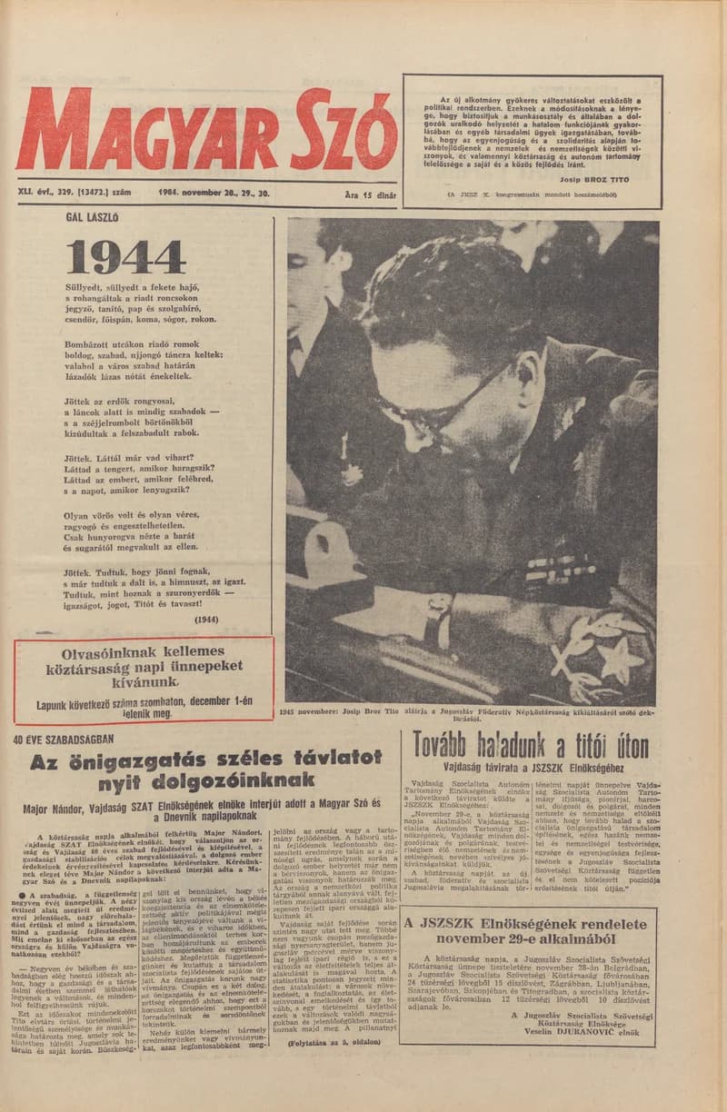 Magyar Szó, 41. évf. 1984. november 28. – 30. 329. sz. 1–36. oldal