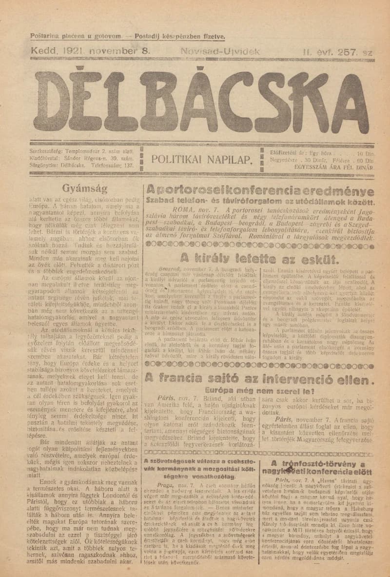 Délbácska, 2. évf. 1921. november 8. 257. sz.