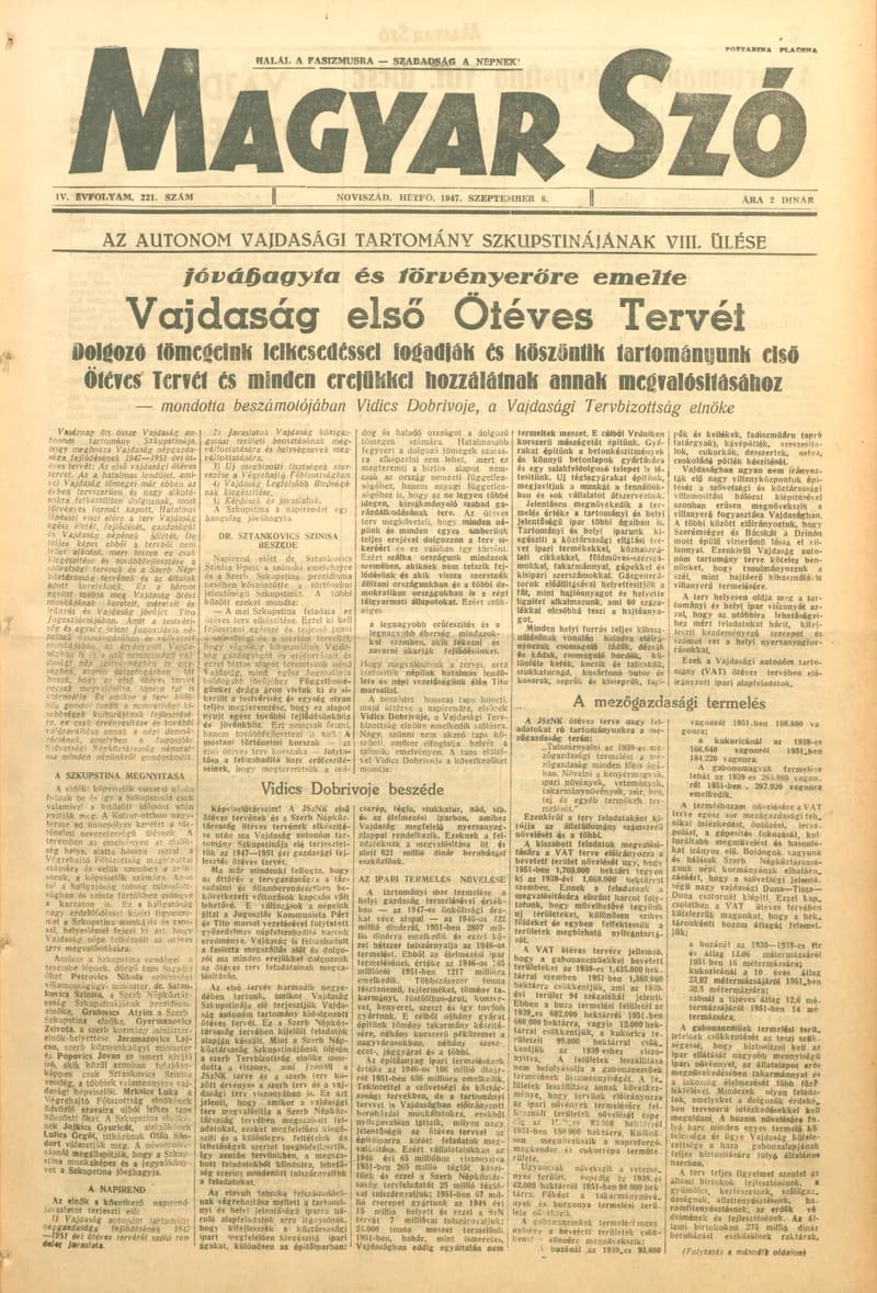 Magyar Szó, 4. évf. 1947. szeptember 8. 221. sz. 1–6. oldal