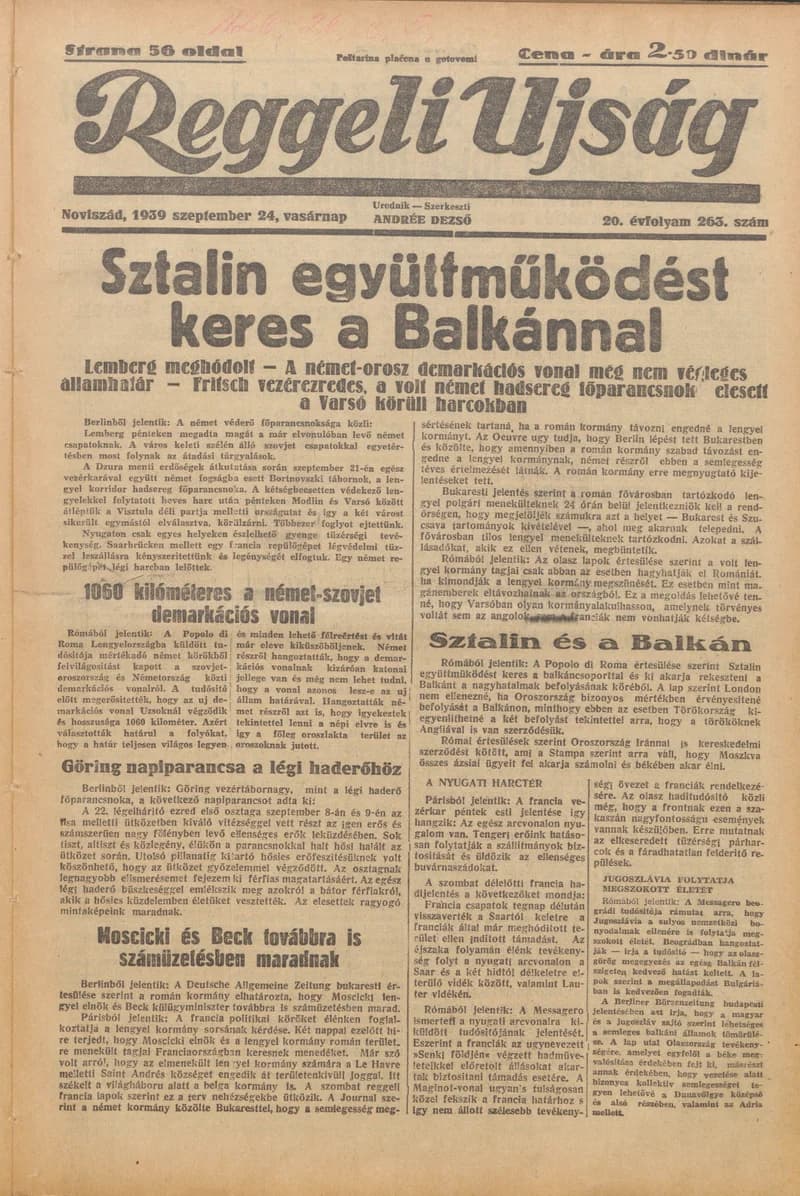 Reggeli Újság, 20. évf. 1939. szeptember 24. 263. sz.