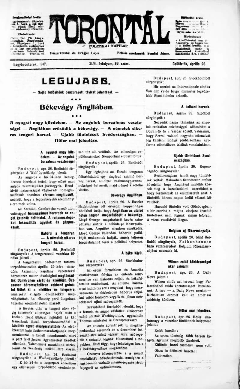 Torontál, 46. évf. 1917. április 26. 96. sz.