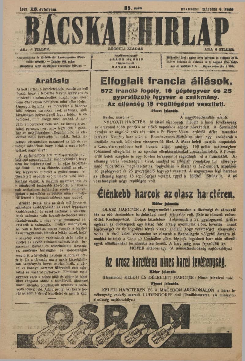 Bácskai Hirlap, 21. évf. 1917. március 6. 85. sz.