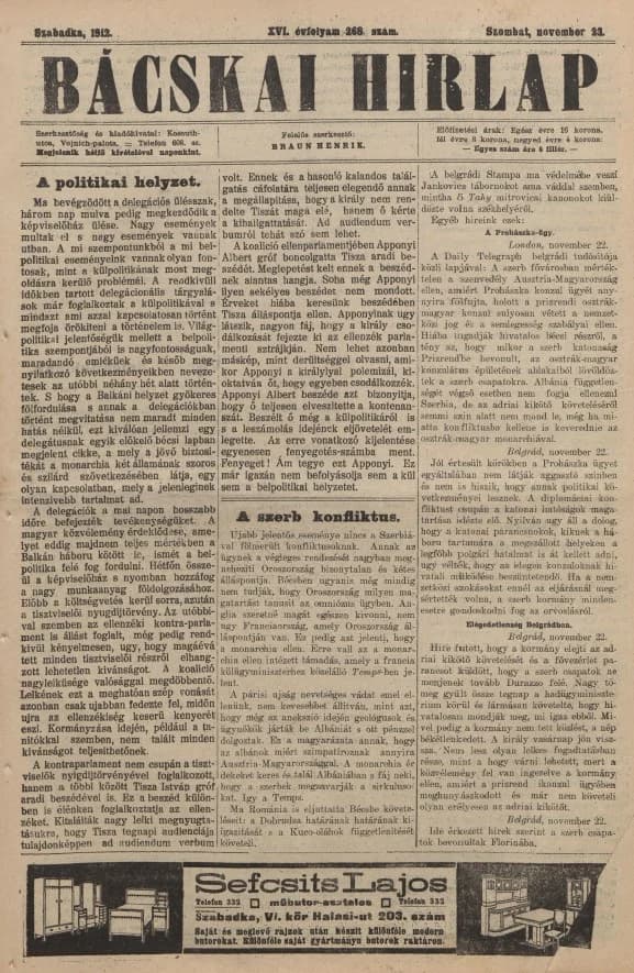 Bácskai Hirlap, 16. évf. 1912. november 23. 268. sz.