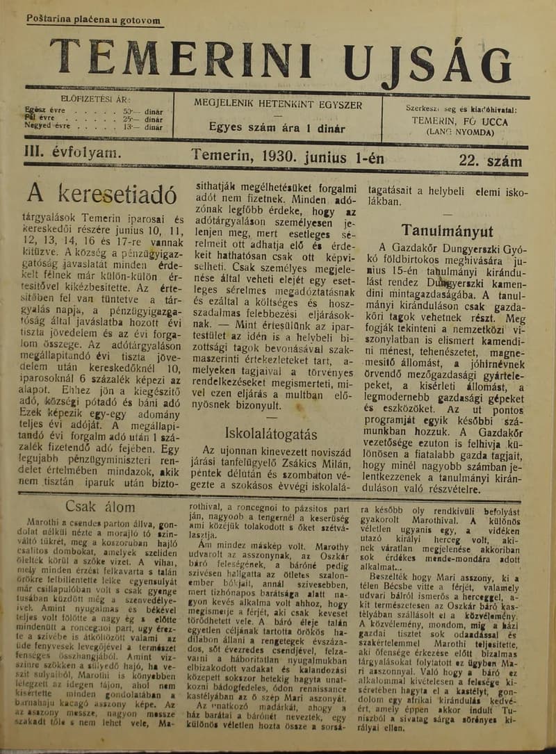 Temerini Újság 1928-1944, 3. évf. 1930. június 1. 22. sz.