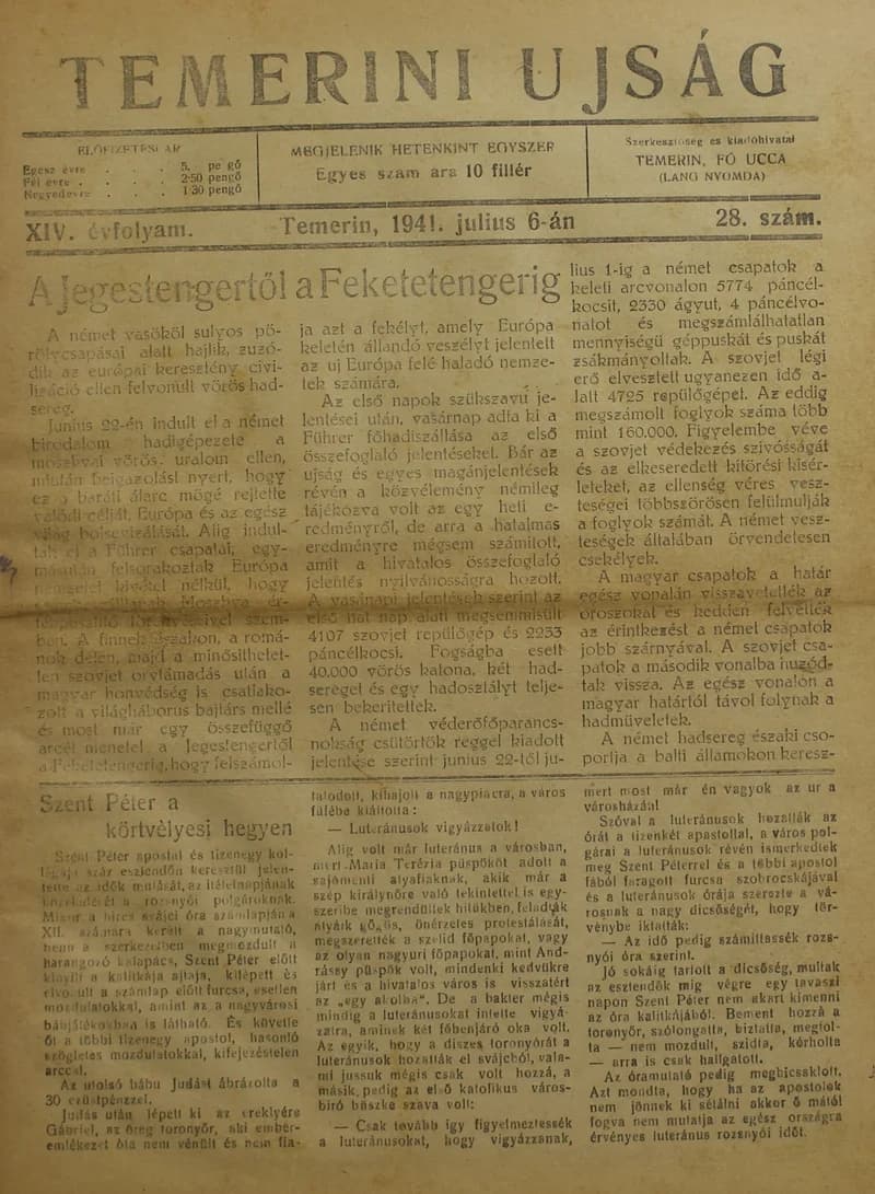 Temerini Újság 1928-1944, 14. évf. 1941. július 6. 28. sz.