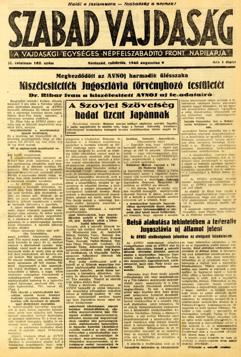 Szabad Vajdaság, 2. évf. 1945. augusztus 9. 182. sz.