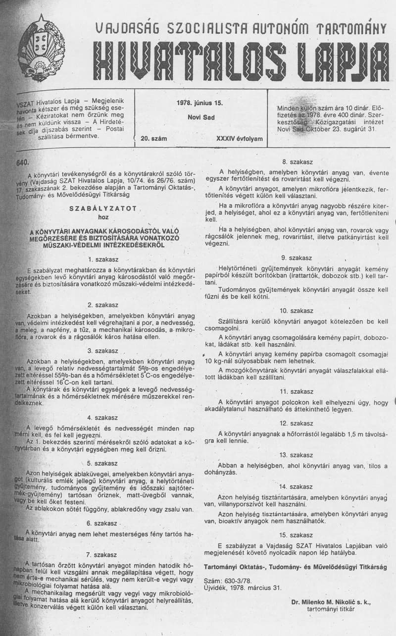 Vajdaság Szocialista Autonóm Tartomány Hivatalos Lapja, 34. évf. 1978. június 15. 20. sz. 829–860. oldal
