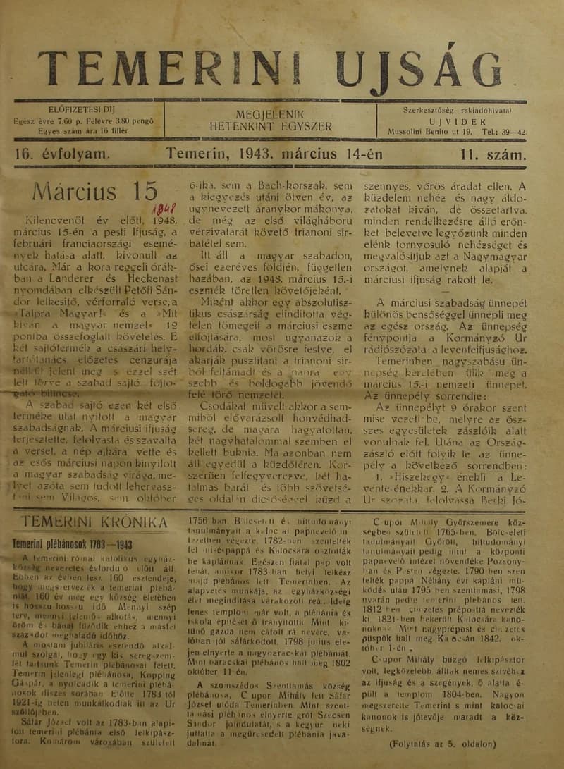 Temerini Újság 1928-1944, 16. évf. 1943. március 14. 11. sz.