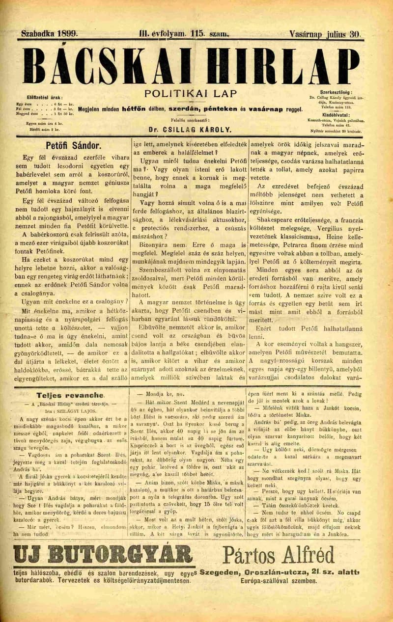 Bácskai Hirlap, 3. évf. 1899. július 30. 115. sz.