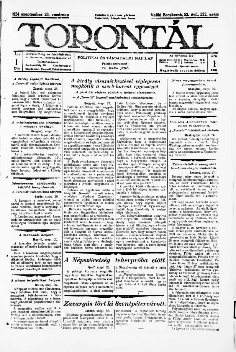 Torontál, 53. évf. 1924. szeptember 28. 222. sz.