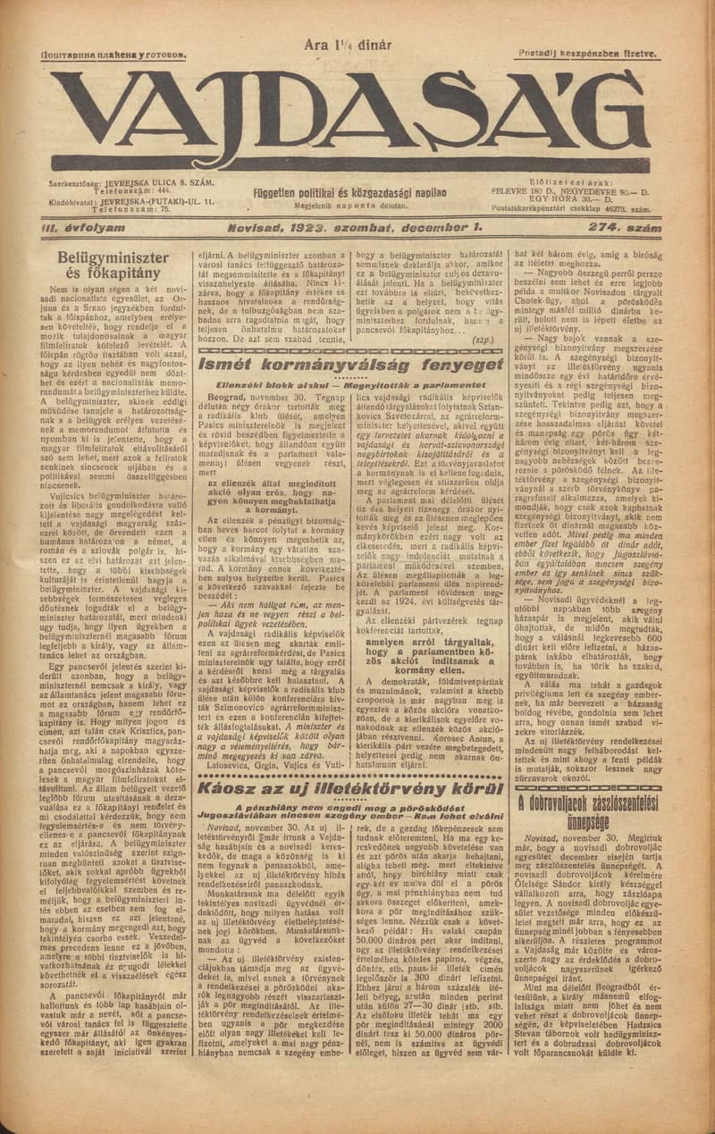 Vajdaság, 3. évf. 1923. december 1. 274. sz.
