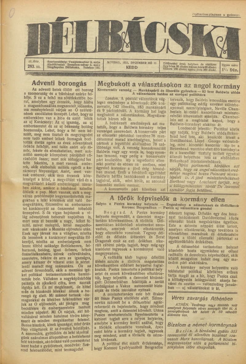 Délbácska, 4. évf. 1923. december 11. 283. sz.
