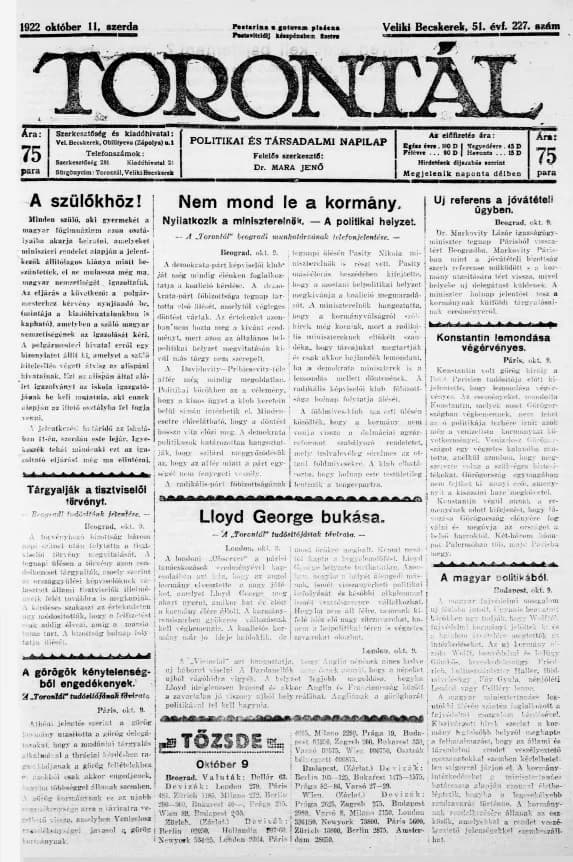 Torontál, 51. évf. 1922. október 11. 227. sz.