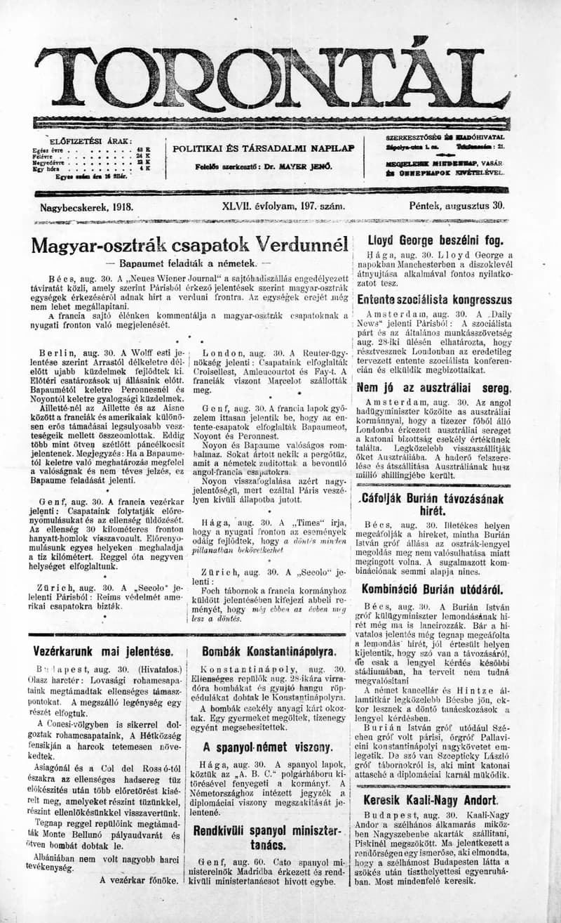 Torontál, 47. évf. 1918. augusztus 30. 197. sz.