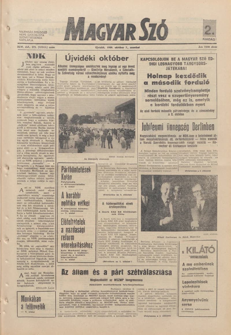 Magyar Szó, 46. évf. 1989. október 7. 275. sz. 1–28. oldal