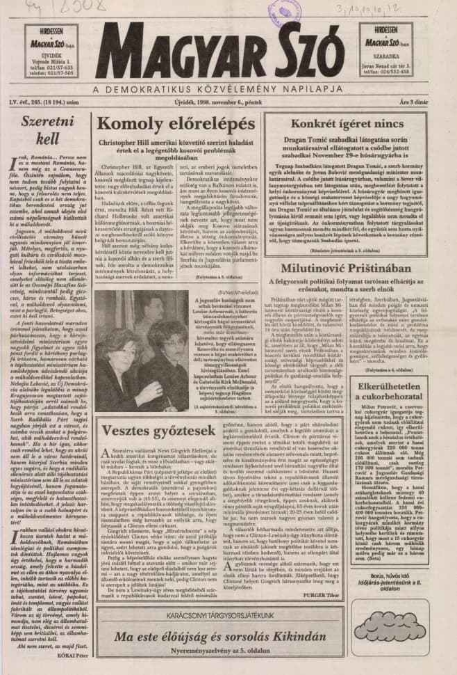 Magyar Szó, 55. évf. 1998. november 6. 265. sz. 1–16. oldal