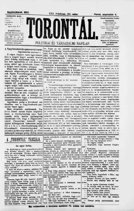 Torontál, 21. évf. 1892. szeptember 9. 186. sz.