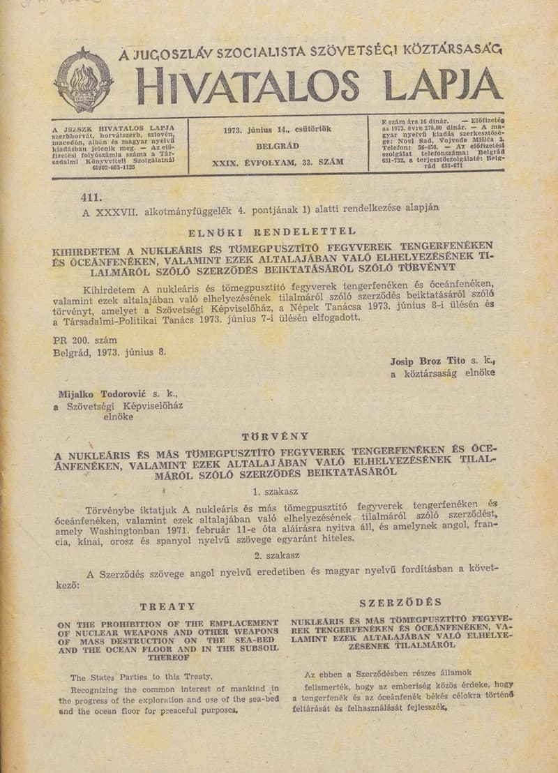 A Jugoszláv Szocialista Szövetségi Köztársaság Hivatalos Lapja, 29. évf. 1973. június 14. 33. sz. 957–1072. oldal