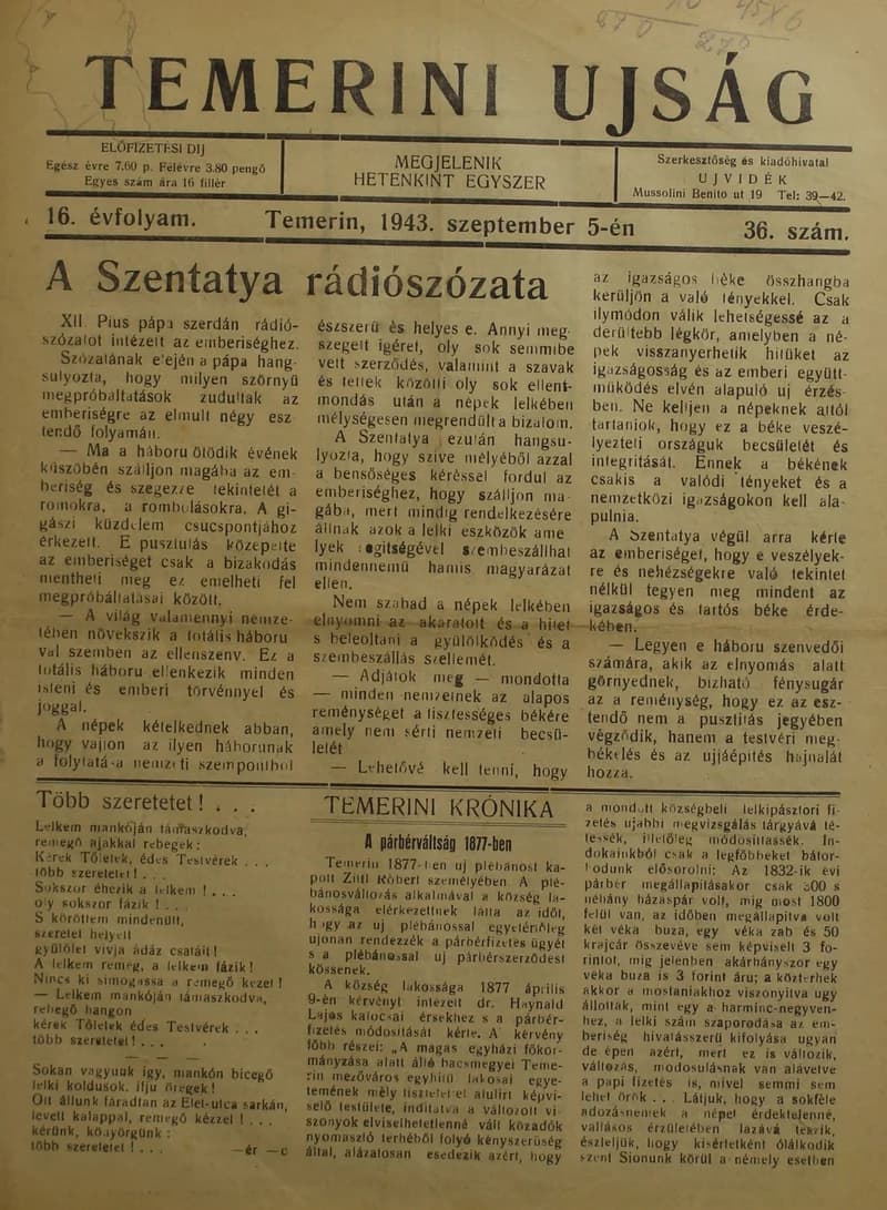 Temerini Újság 1928-1944, 16. évf. 1943. szeptember 5. 36. sz.