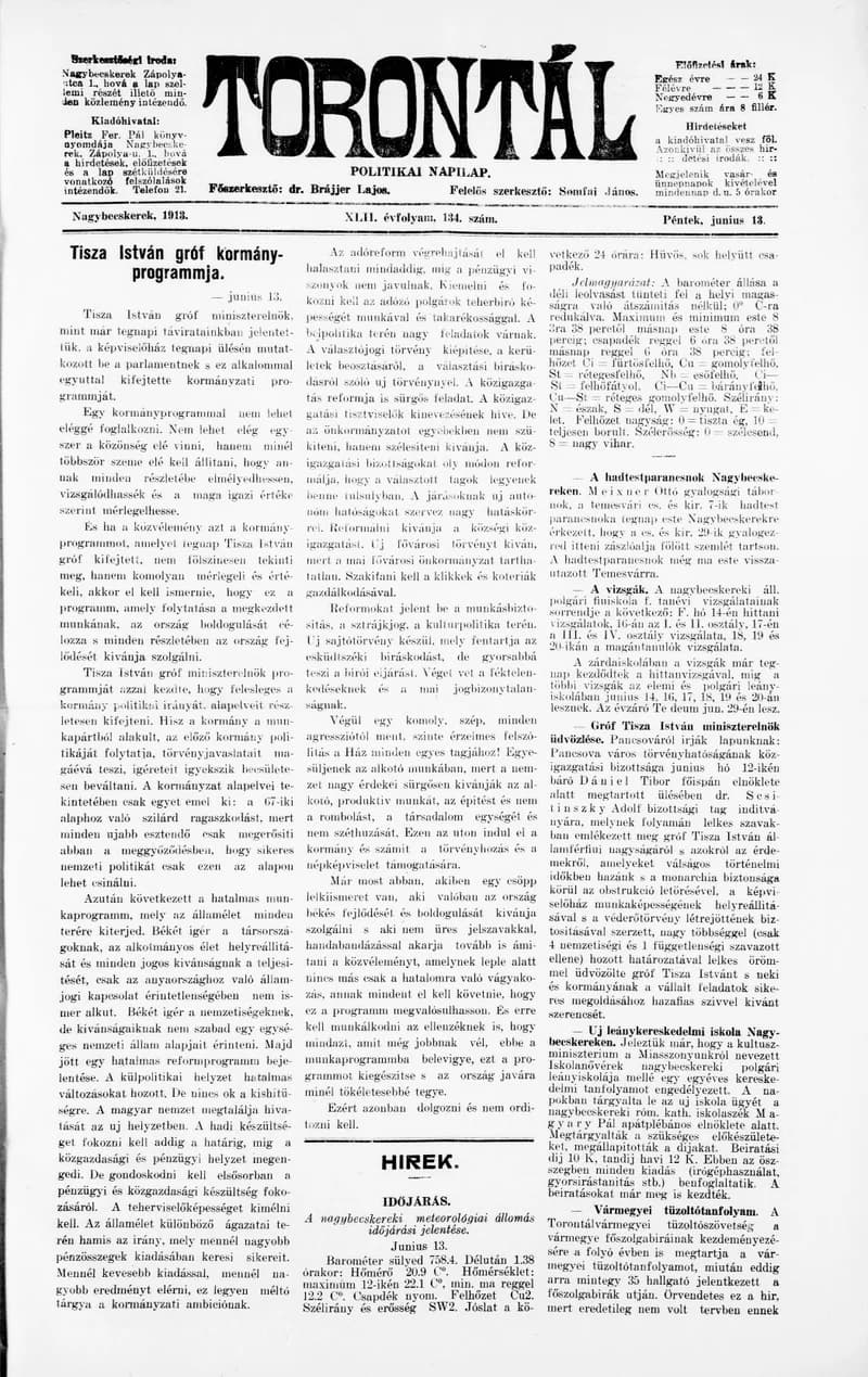 Torontál, 42. évf. 1913. június 13. 134. sz.