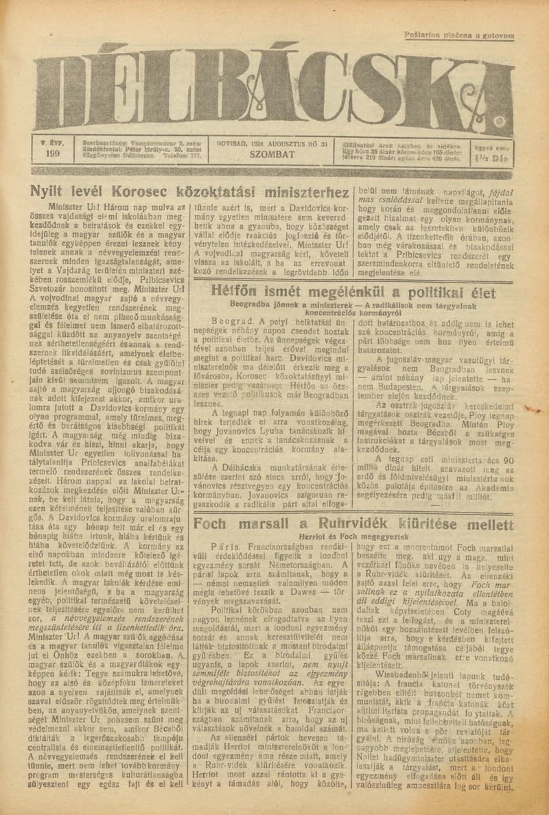 Délbácska, 5. évf. 1924. augusztus 30. 200. sz.