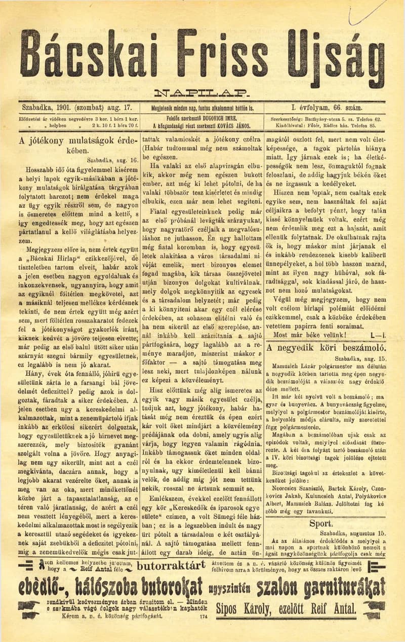 Bácskai Friss Ujság, 1. évf. 1901. augusztus 17. 66. sz.