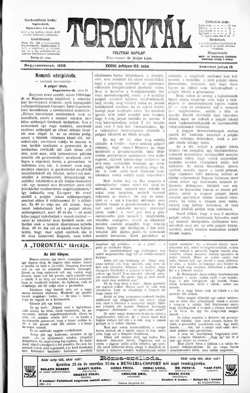 Torontál, 37. évf. 1908. július 18. 163. sz.