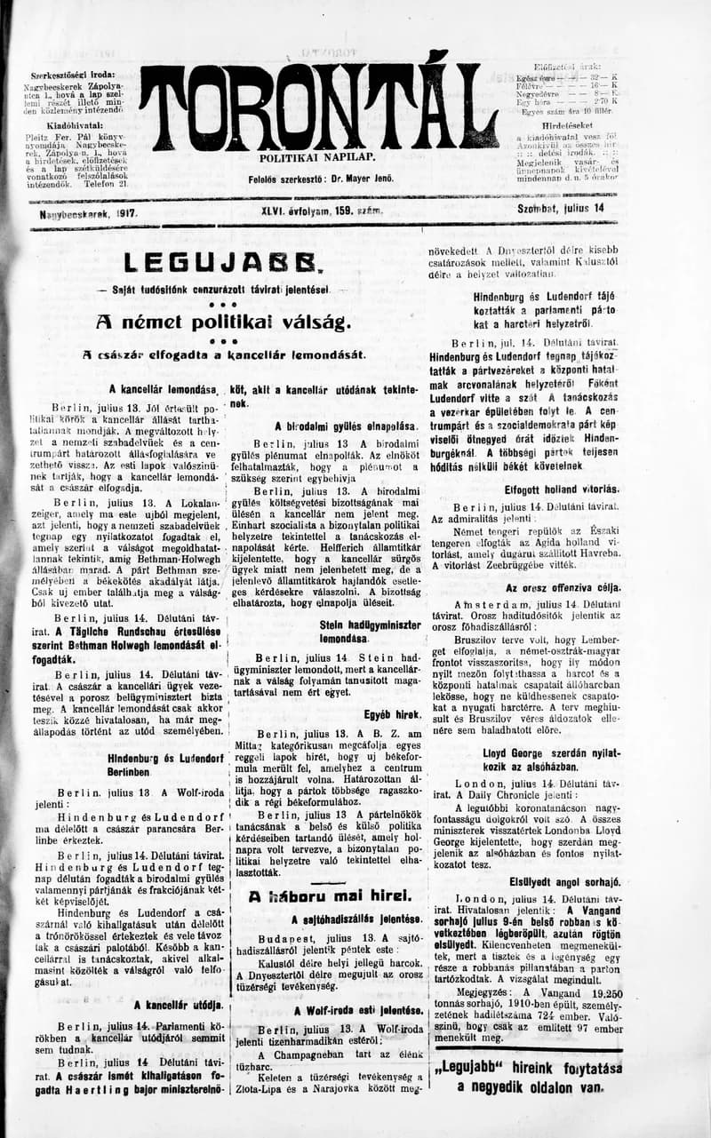 Torontál, 46. évf. 1917. július 14. 159. sz.