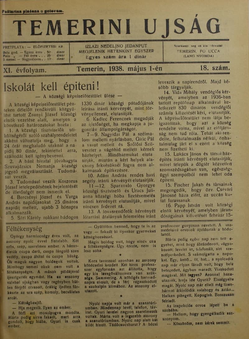 Temerini Újság 1928-1944, 11. évf. 1938. május 1. 18. sz.