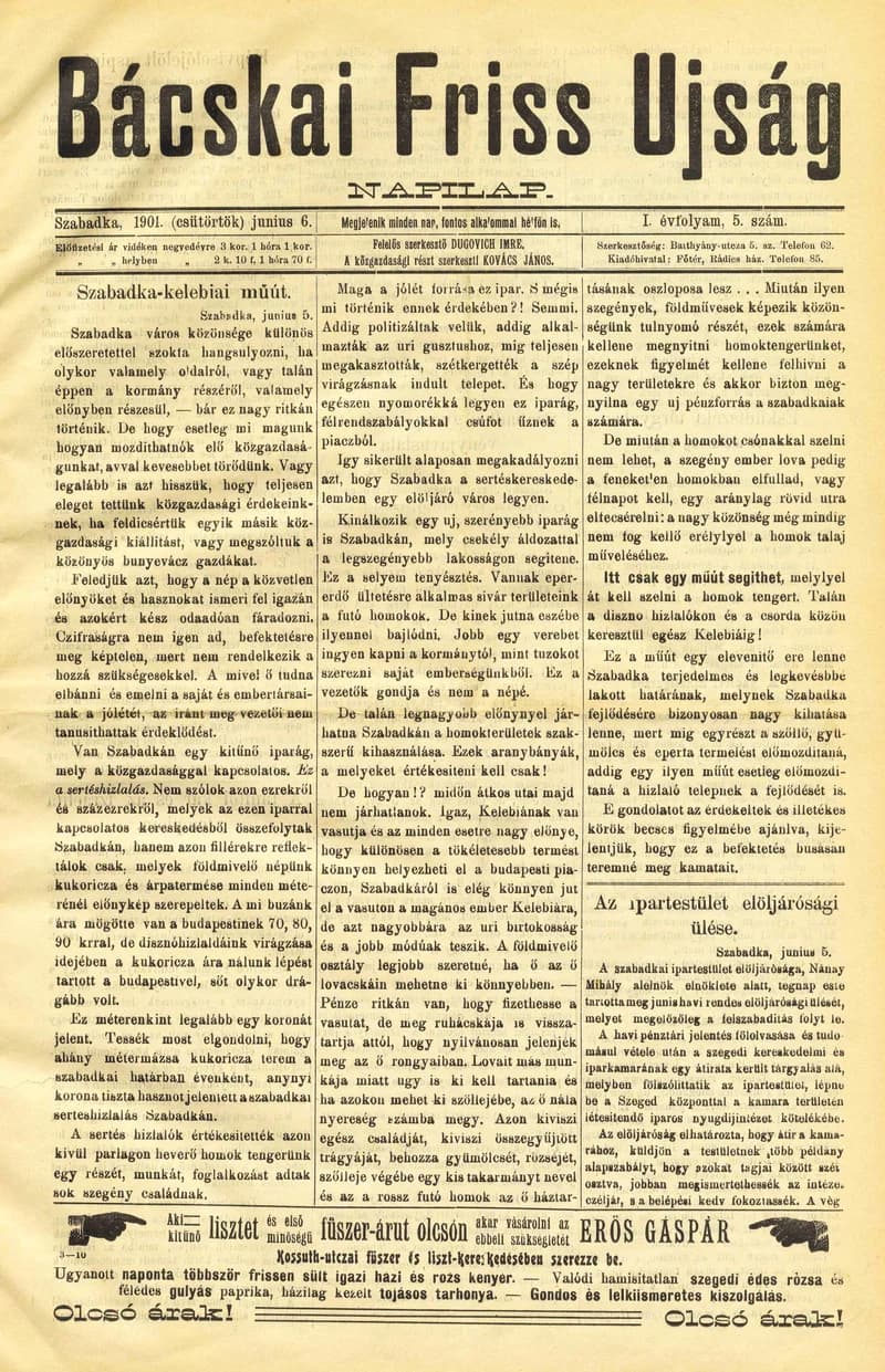 Bácskai Friss Ujság, 1. évf. 1901. január 6. 5. sz.