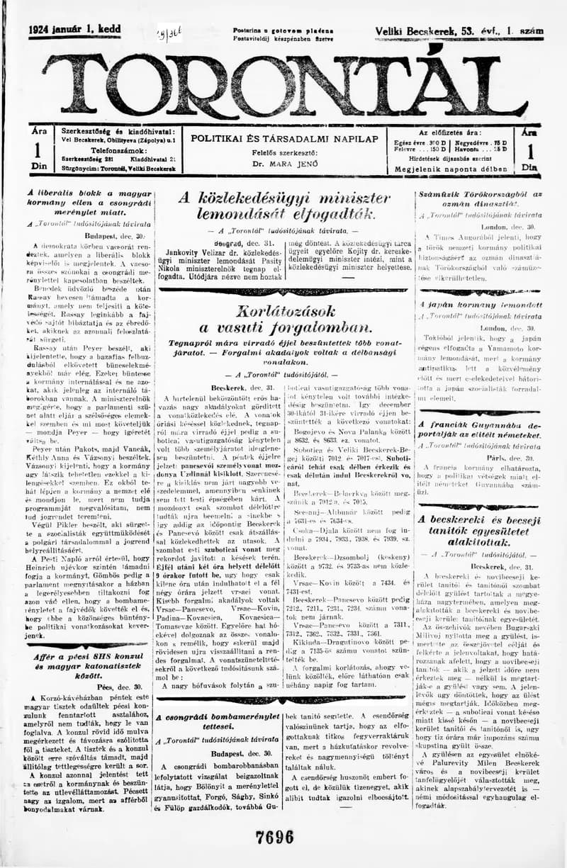 Torontál, 53. évf. 1924. január 1. 1. sz.