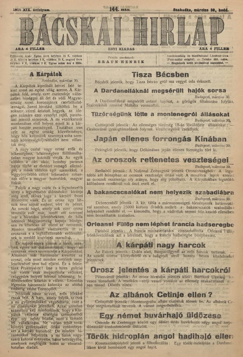 Bácskai Hirlap, 19. évf. 1915. március 30. 144. sz.