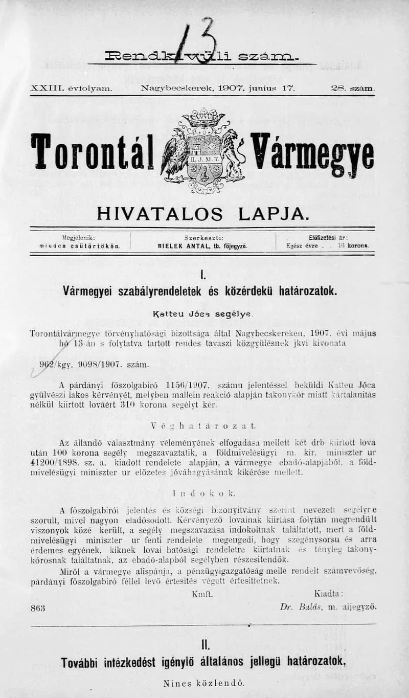 Torontál Vármegye Hivatalos Lapja, 23. évf. 1907. június 17. 28. sz.