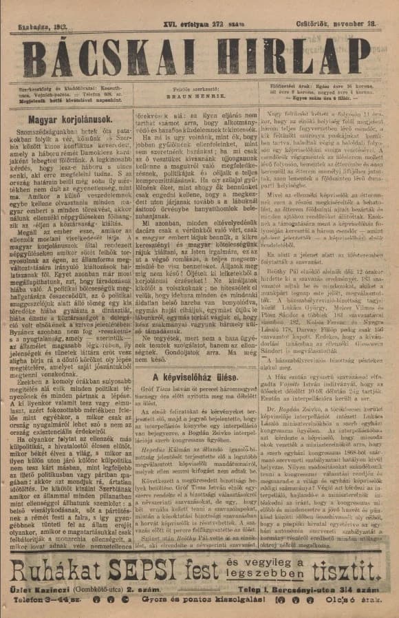 Bácskai Hirlap, 16. évf. 1912. november 28. 272. sz.