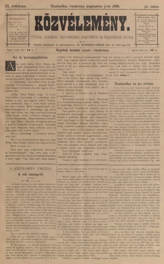 Közvélemény, 3. évf. 1888. augusztus 5. 32. sz.