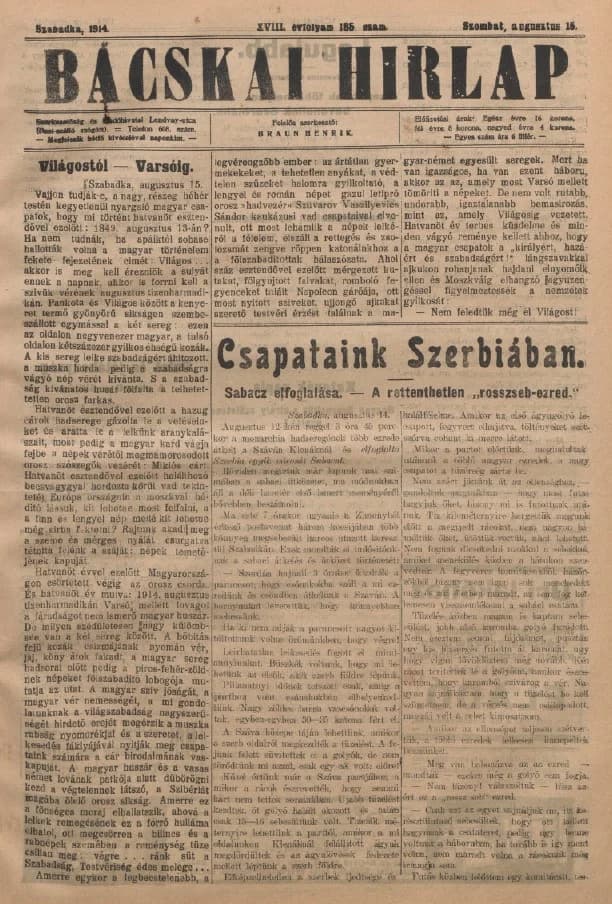 Bácskai Hirlap, 18. évf. 1914. augusztus 15. 185. sz.