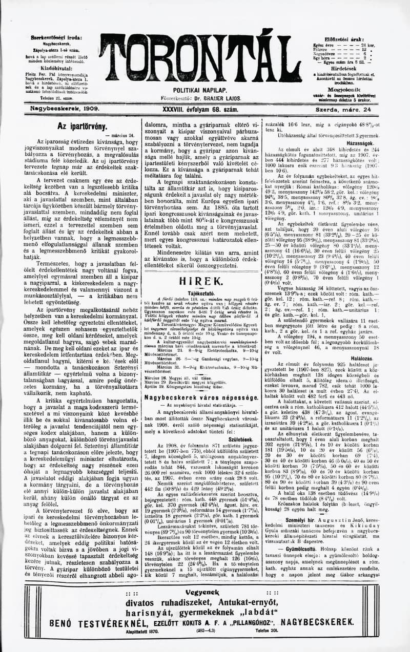 Torontál, 38. évf. 1909. március 24. 68. sz.