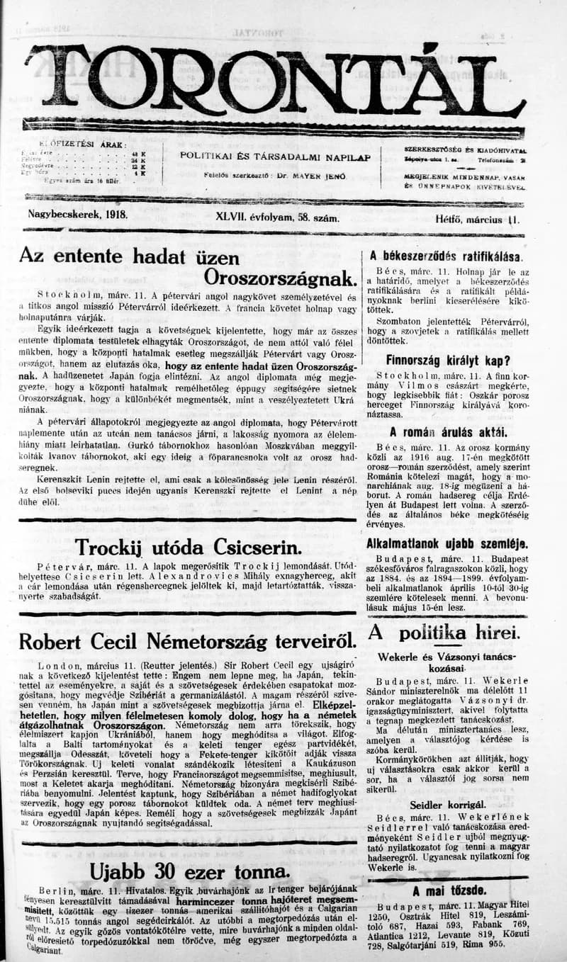 Torontál, 47. évf. 1918. március 11. 58. sz.
