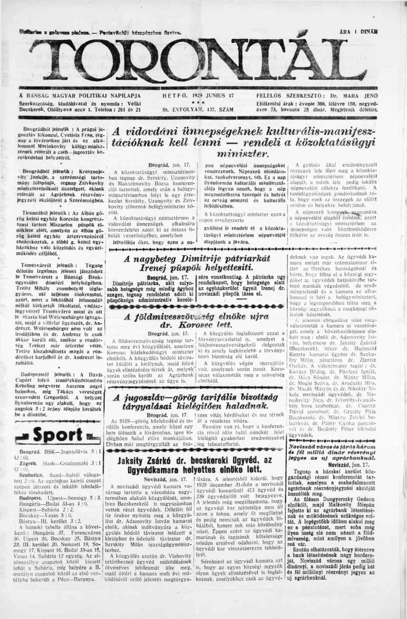 Torontál, 58. évf. 1929. június 17. 137. sz.