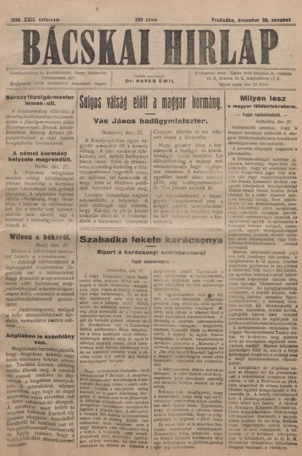 Bácskai Hirlap, 22. évf. 1918. december 28. 290. sz.