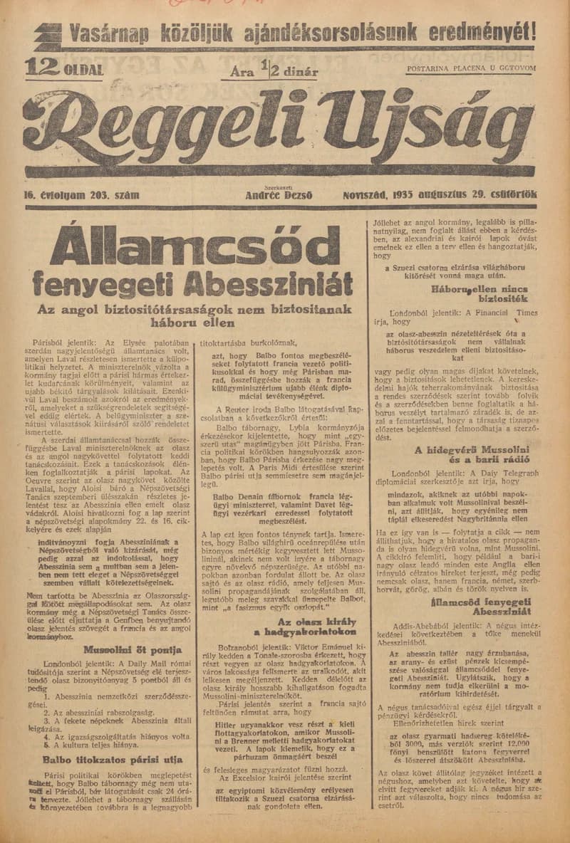 Reggeli Újság, 16. évf. 1935. augusztus 29. 203. sz.