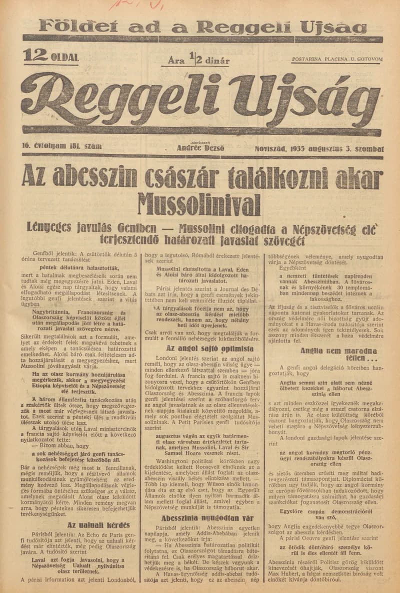 Reggeli Újság, 16. évf. 1935. augusztus 3. 181. sz.