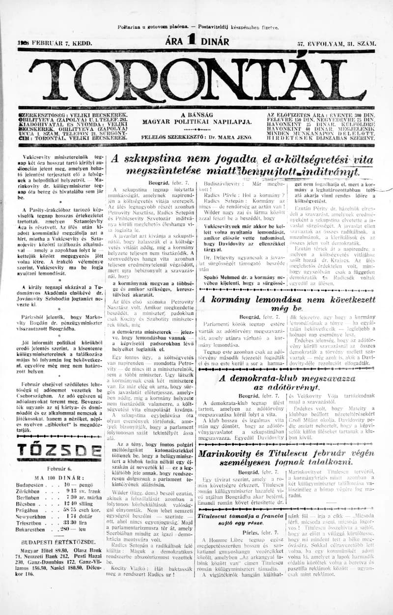 Torontál, 57. évf. 1928. február 7. 31. sz.