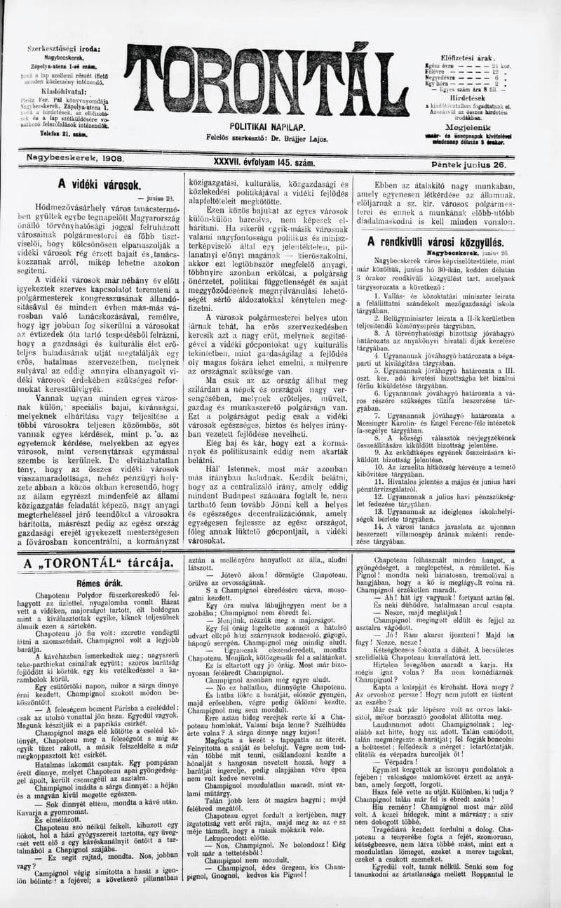 Torontál, 37. évf. 1908. június 26. 145. sz.