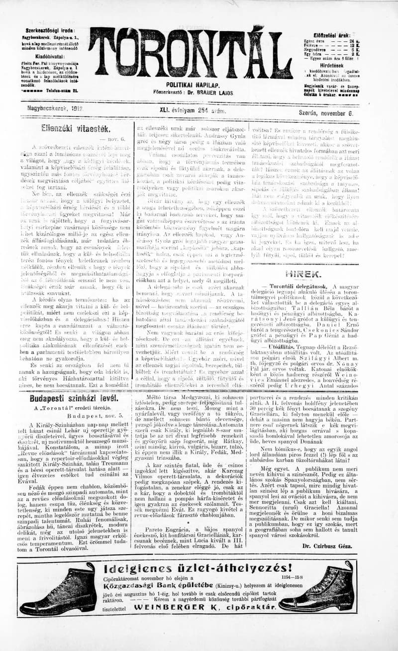 Torontál, 41. évf. 1912. november 6. 254. sz.