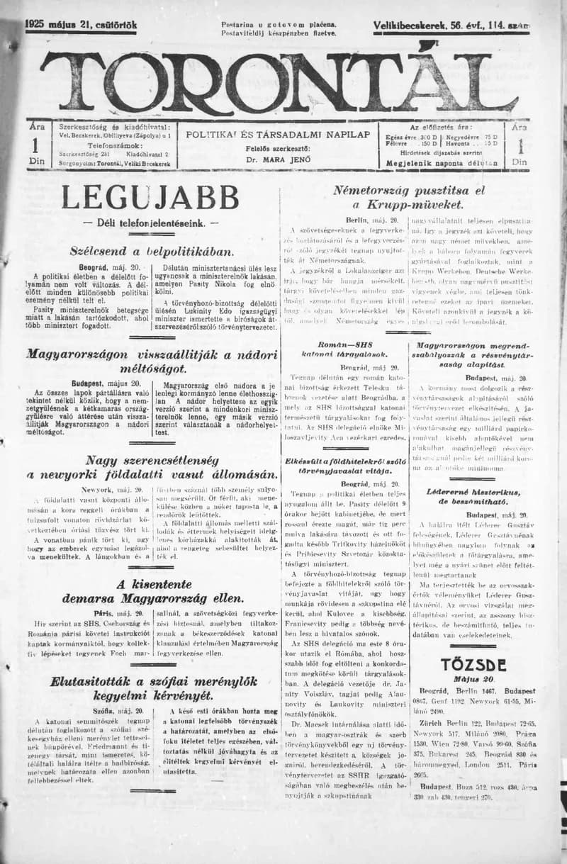 Torontál, 54. évf. 1925. május 21. 114. sz.