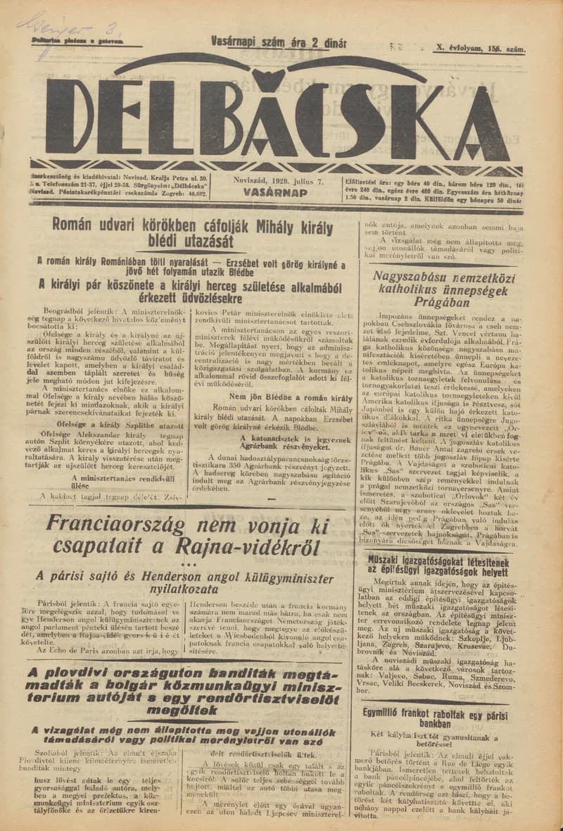 Délbácska, 10. évf. 1929. július 7. 156. sz.